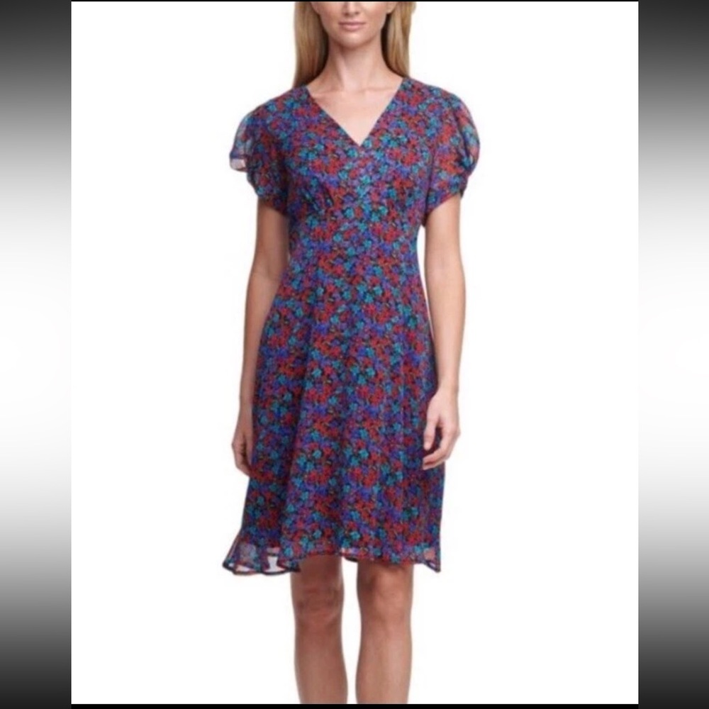 CALVIN KLEIN Fit Flare Purple Red Chiffon Floral Cottage Flowy Romantic Dress 8